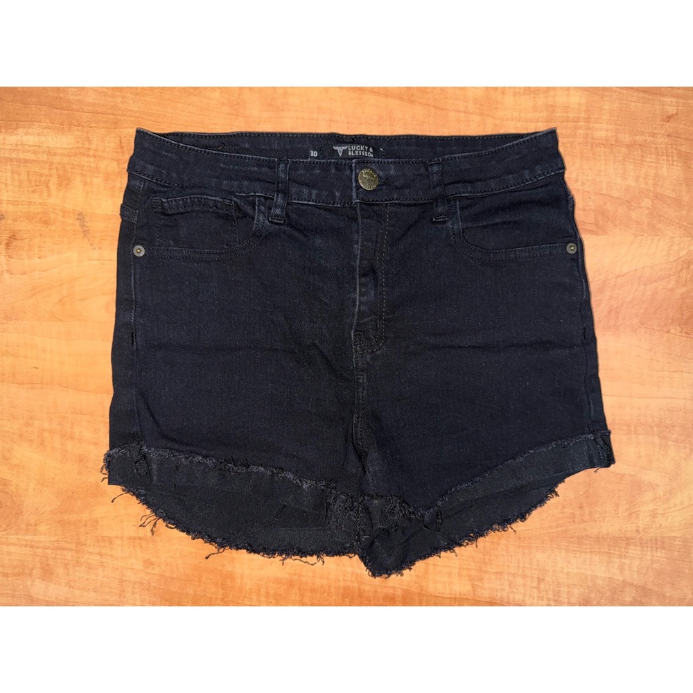 Lucky & Blessed Womens Black Denim Shorts Raw Hem High Rise Size 10 DP4076-DB‎